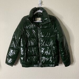 Crissrexo Women's green Shiny Puffer Jacket Quilted  Zip Stand Collar Small
